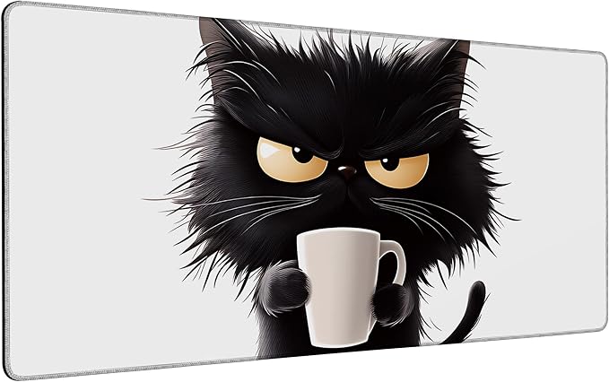Large Mouse Pad 35.4x15.7 Inch Black Cat with Coffee Gaming Desk Mat with Non-Slip Rubber Base, Stitched Edges for Gaming,Office