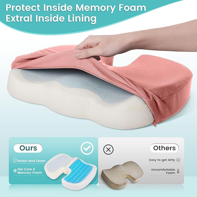 Office Chair Seat Cushion, Cooling Gel Enhanced Memory Foam Cushion for Long Sitting - Back, Coccyx & Tailbone Support Pillow - for Office, Gaming, Car, Wheelchair - Pink, Large
