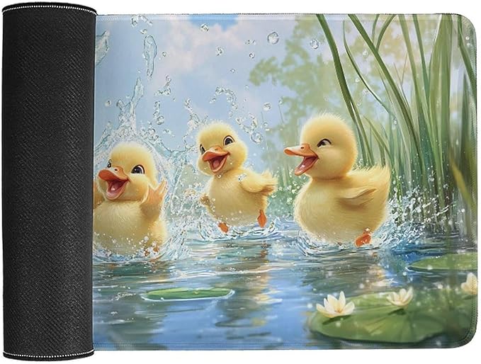 Large Ergonomic Gaming Mouse Pad Playful Ducklings in Pond - Cute Waterfowl Theme with Non-Slip Base Water-Resistant Surface and Stitched Edges 30x60cm