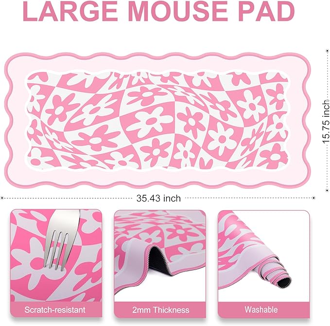 L-SPOUTTO Pink Mouse Pad,Retro Desk Mat XXL Large Scalloped Gaming Mousepad,35.4x15.7in Non-Slip Rubber Base Keyboard Pad Waterproof Desktop Mat for Laptop Computer Work Game Home Office-Pink Daisy