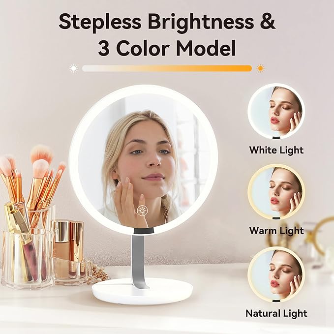 9.65-inch Lighting Makeup Mirror, 1x / 10x,Touch Control,3-Color Adjustable, Metal Stand with Super Stability,up and Down Adjustable Makeup Mirror Surface, High Color Rendering,Silver