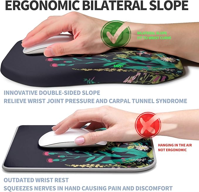 Ergonomic Raised Mouse Pad Wrist Support with Bilateral Slope Memory Foam Mousepad for Wrist Rest and Carpal Tunnel 11.8x7.9〃Midnight Flowers