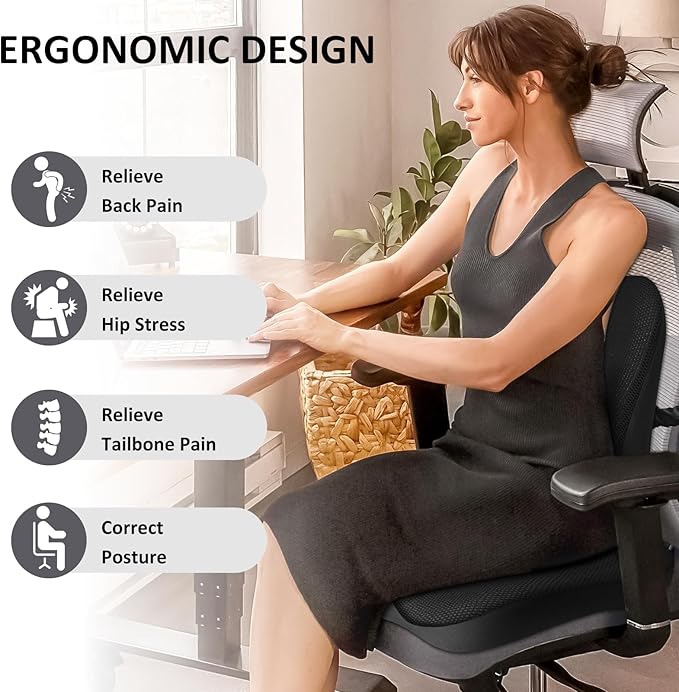 Seat Cushion, Lumbar Support Pillow for Office Chair, Memory Foam Coccyx Seat Cushion, Ergonomic Mesh Back Support Pillow, Office Desk Chair Cushion for Coccyx & Lumbar Ergonomic Support, Black