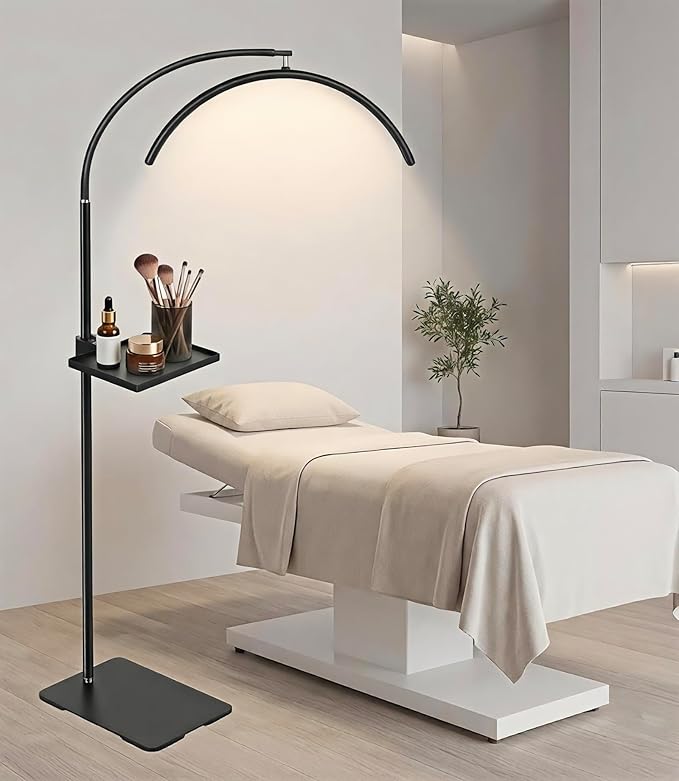 Half Moon LED Floor Light with Tool Tray for Lash Techs, Eyelash Extensions, Estheticians, Skincare, Nail Art, Tattoo Artists, Home & Office - Professional Shadow-Free Lamp | Dimmable (Black)