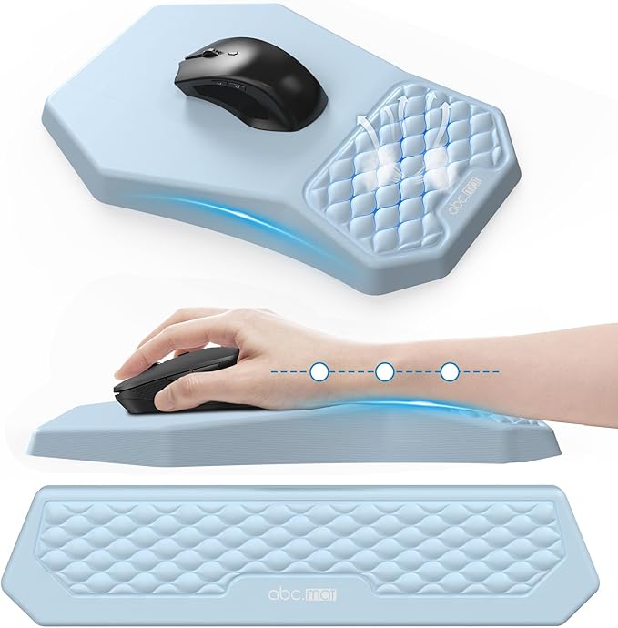 Ergonomic Mouse Pad and Keyboard Wrist Rest Support Set, Massage Design Mousepad for Carpal Tunnel, Memory Foam, Non-Slip PU Base for Computer Desk, Baby Blue