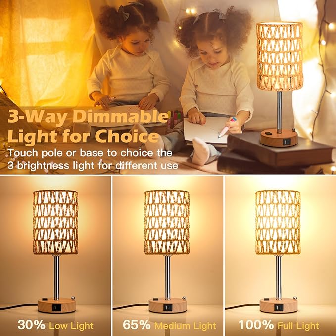 Rattan Table Lamps for Living Room, 3 Way Dimmable Touch Lamps, Small Bedside Lamps with LED Bulbs, Phone Stand, USB Ports and AC Outlet, Boho Nightstand Lamp for Bedroom Office (1 Pack Faux Wood)