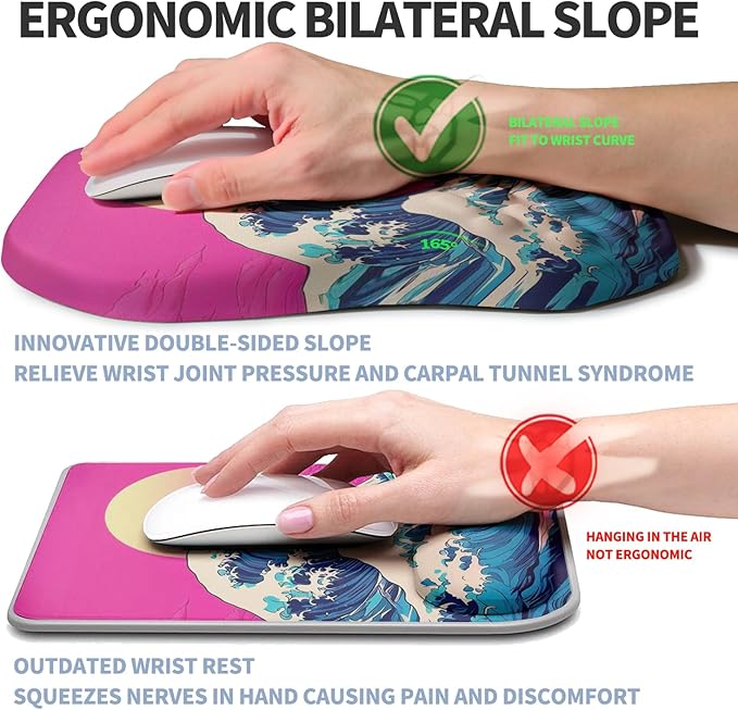 Ergonomic Raised Mouse Pad Wrist Support with Bilateral Slope Memory Foam Mousepad for Wrist Rest and Carpal Tunnel 11.8x7.9〃Twilight Waves