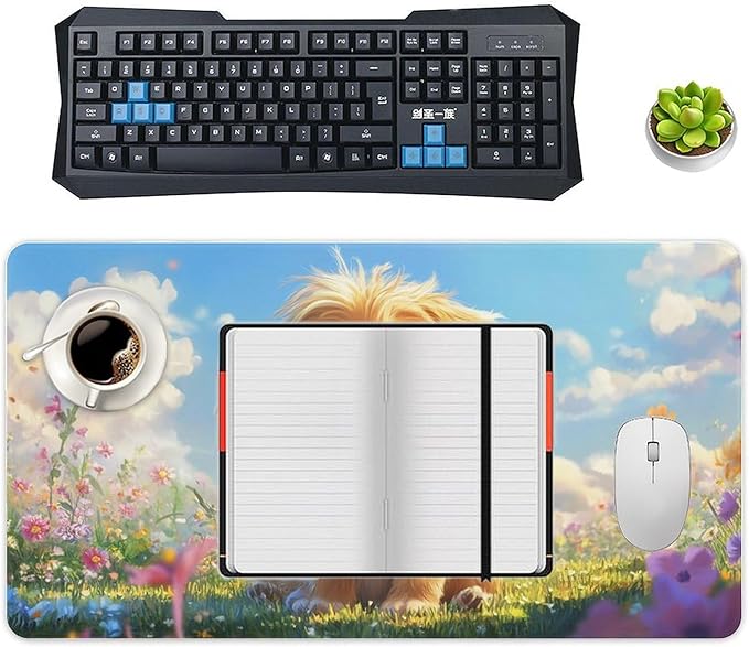 Large Ergonomic Gaming Mouse Pad Fluffy Puppy in Sunny Meadow - Cute Dog Theme with Non-Slip Base Water-Resistant Surface and Stitched Edges 40X75cm