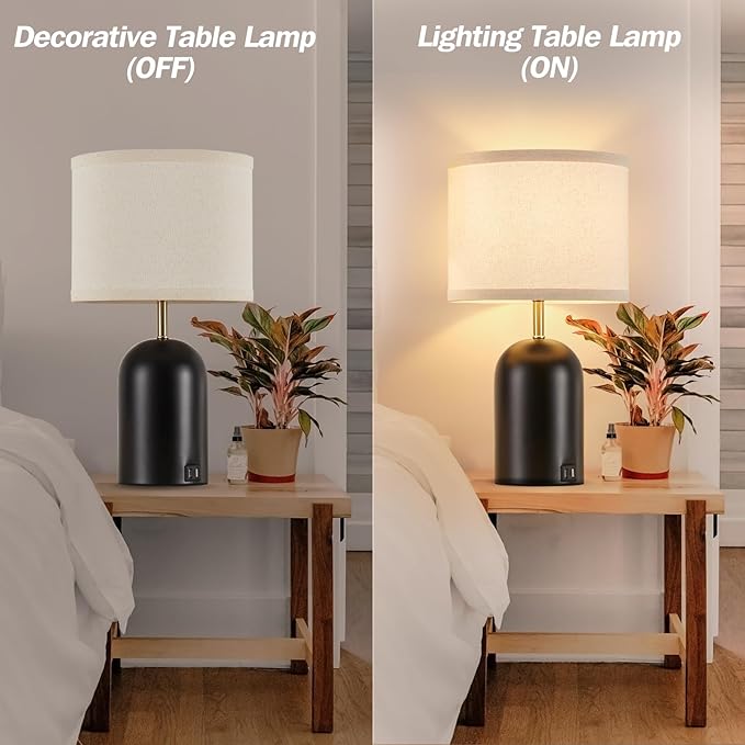 GyroVu Touch Control Table Lamps Set of 2, Modern Bedside Lamp with 2 USB Ports, Dimmable Gold and Black Nightstand Lamp with Fabric Shade for Living Room Bedroom Office Dorm(LED Bulbs Included)