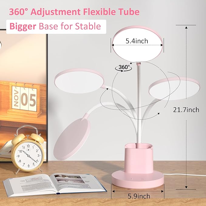 Desk Lamp, LED Desk Lamp for Home Office, Touch Table Lamp with 3 Color Modes 360° Adjustable Arm, Dimmable Desk Light with Pen Phone Holder, Pink
