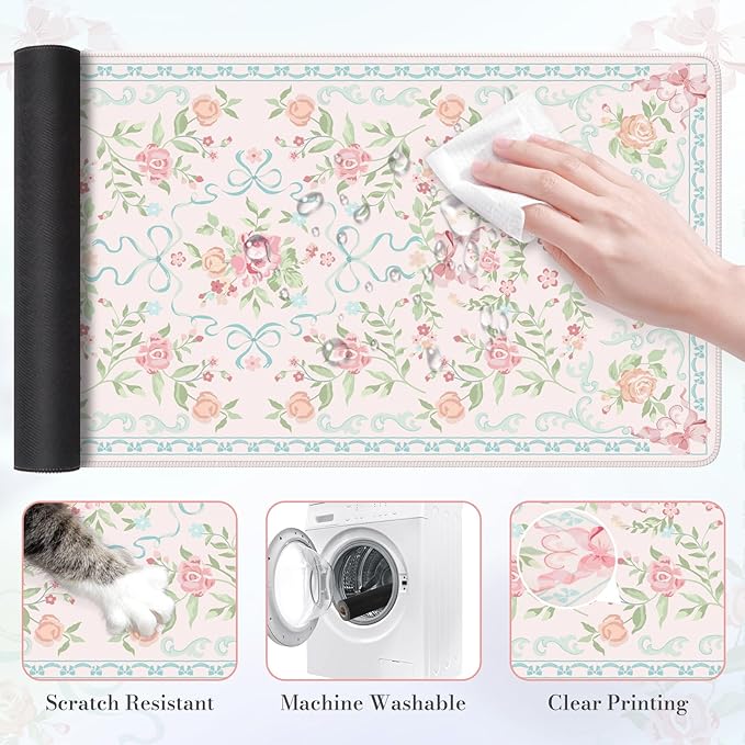 HAOCOO Blue Desk Mat, Cute Bow Keyboard Mat, Floral Desk Mouse Pad for Women, 35.4" x 15.7" Non-Slip Waterproof Desk Pad, Computer Mat with Edge Stitching for Office, Home Desk Cover