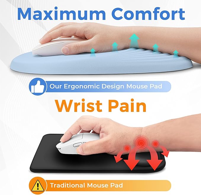 Ergonomic Mouse Pad with Wrist Support, Memory Foam Wrist Rest for Pain Relief & Carpal Tunnel, Non-Slip Base for Office, Computer, PC, Laptop (12x8x1.2inch, Light Blue)