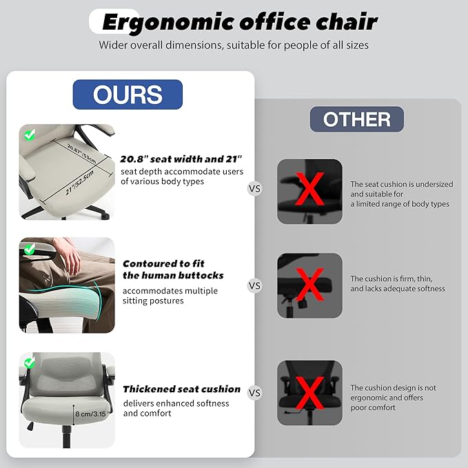 Fizzin Ergonomic Office Chair, 400 LBS Computer Chairs with Adjustable Lumbar Support, Breathable Mesh Desk Chair Ergonomic with Thickened Cushion, Comfy Home Office Desk Chair (Dark Gray)