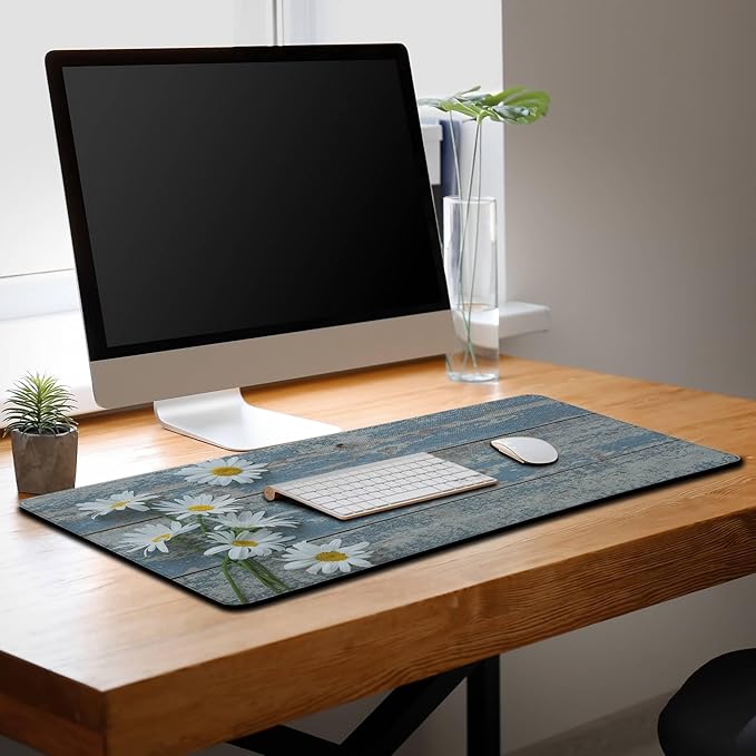 Computer Desk Mat Mouse Pad, Big Non-Slip Rubber Base Mousepad for PC, Work, Game, Office, Home - 35.4 X 15.7 Inch - Daisy Flowers on Old Wooden