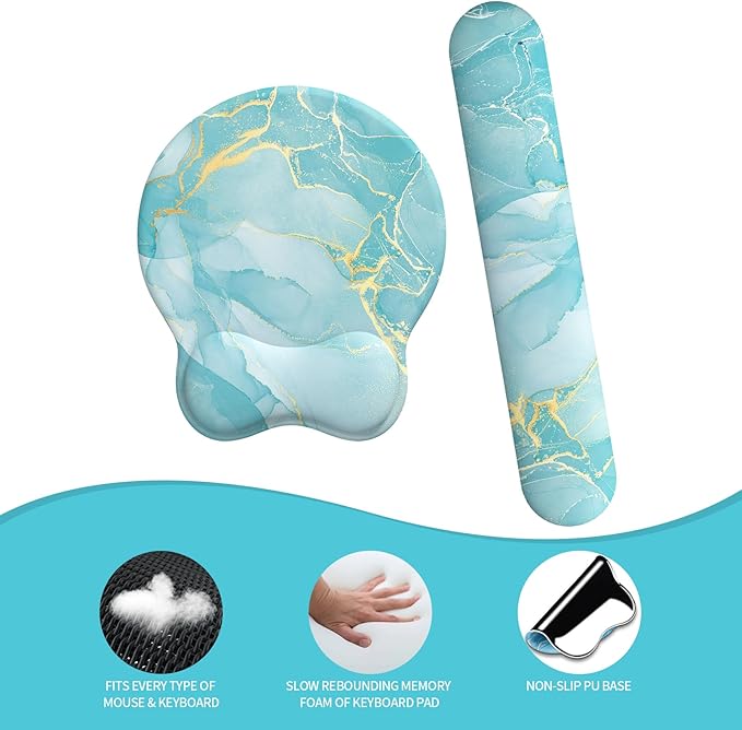 eulps Mouse Pad Wrist Support, Ergonomic Memory Foam Keyboard Wrist Pad & Gel Wrist Rest Set for Computer Keyboard for Easy Typing for Office & Home(Blue Marble Set)