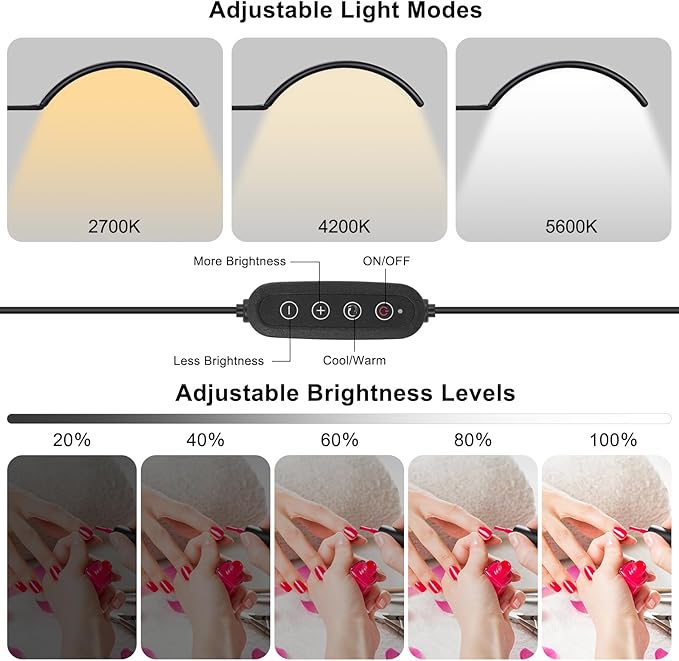Half Moon LED Desk Light for Nail Techs & Artists – No Flicker & Shadow-Free Arch Light for Salon Use with Clamp, Stepless Brightness Table Lamp & 5 Color Modes for Manicure, Tattoo, Beauty Work