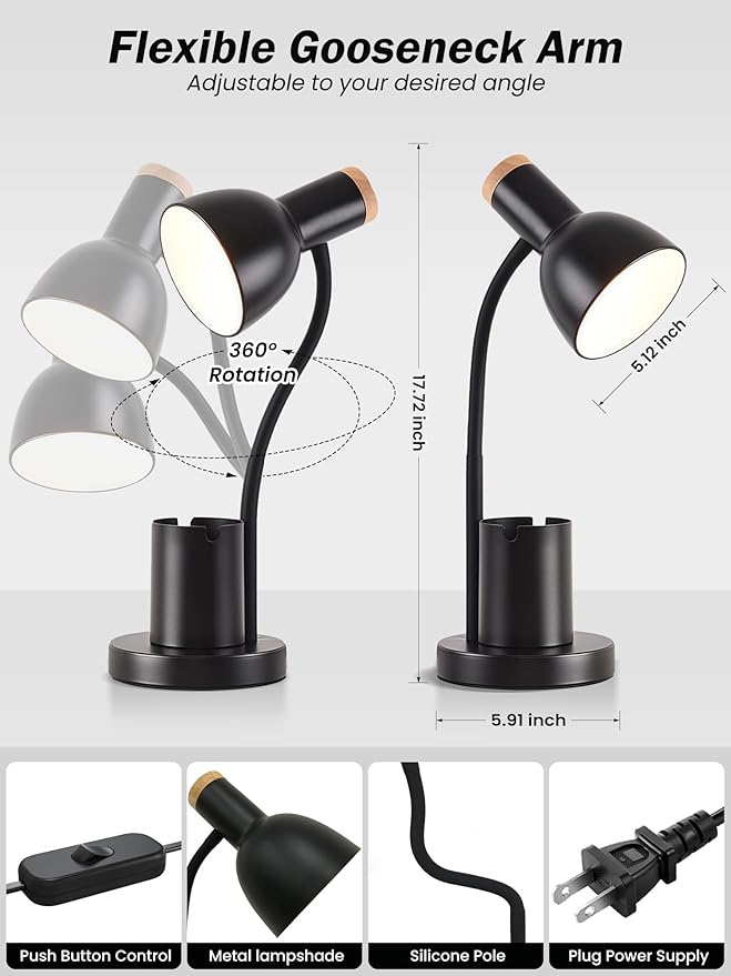 LED Desk Lamp for Home Office, Table Lamp with Pen Holder, 3 Color Modes Reading Light, Eye-Caring Desk Light with Gooseneck, Metal Study Lamp for Dorm Bedside Bedroom (Black Lamp)
