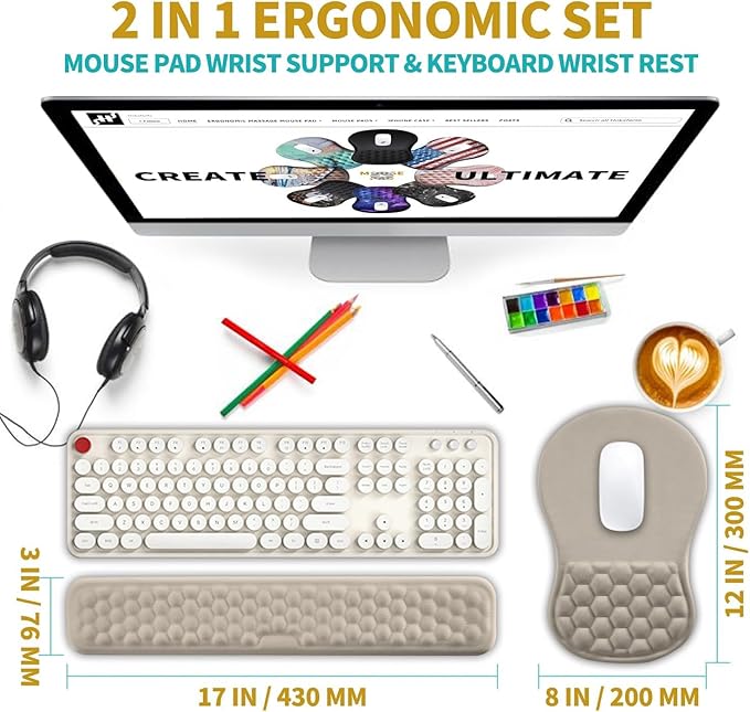 Hokafenle 2 in 1 Ergonomic Mouse Pad Wrist Support & Wrist Rest for Computer Keyboard Set, with Memory Gel Massage Bulge Design (2In1 Set, Apricot)