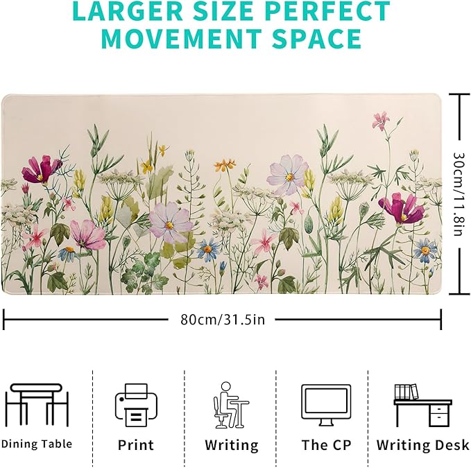 Flower Gaming Mouse Pad Large Mouse Pad for Keyboard and Mousepad Desk Mat with 3mm Non-Slip Base and Stitched Edge for Gaming and Office Computer Mat Protector Mat 31.5x11.8 Inch