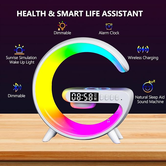 Wireless Speaker Charger Light,LED Bedside Lamp 4-in-1 Alarm Clock,Mood Night Light,Speaker & Wireless Charger,Smart Light Sound Machine,Atmosphere Table Lamp for Bedroom,Birthday Gifts