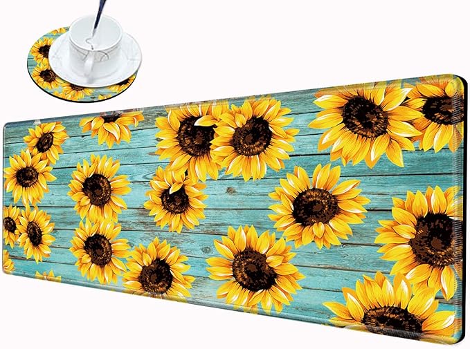 Gaming Mousepad 36x12 Mouse Pad XXL Desk Mat Sunflower Desk Pad Long Extended Mouse Mat with Stitched Edges Computer Mat for Men Office Work