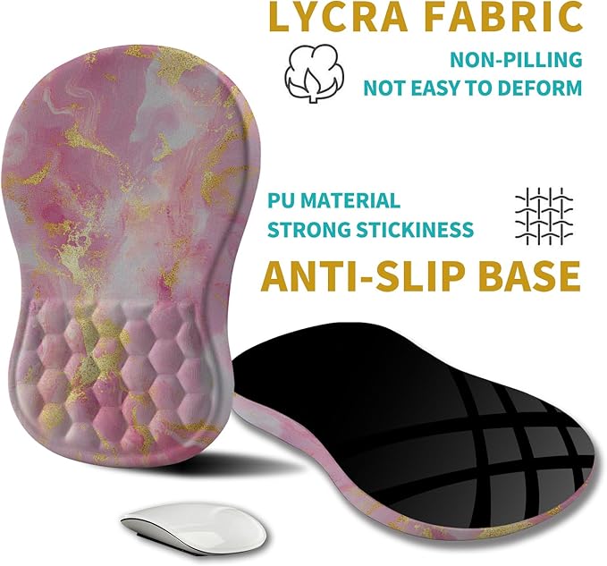 Hokafenle Ergonomic Mouse Pad Wrist Support, Wrist Rest Mousepad for Carpal Tunnel with Integrated Memory Foam Slope Massage Bulge (11.8x7.9 inch,Pink Gold Marble)
