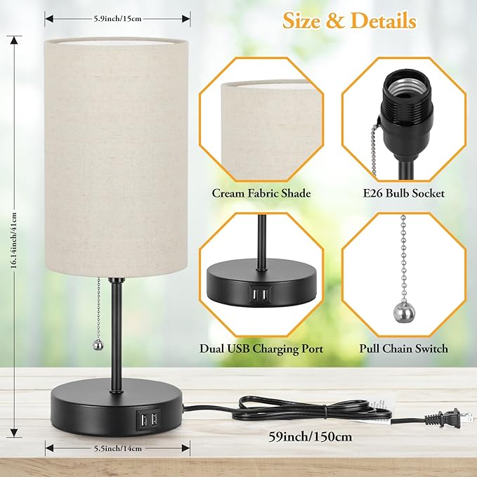 2 Sets Table Lamps with 2 USB, Minimalist Beside lamps for Bedroom, Nightstand Lamps with Pull Chain, Desk Lamps with Cream Fabric Shade and Black Metal Base for Living Room, Home Office Reading Hotel