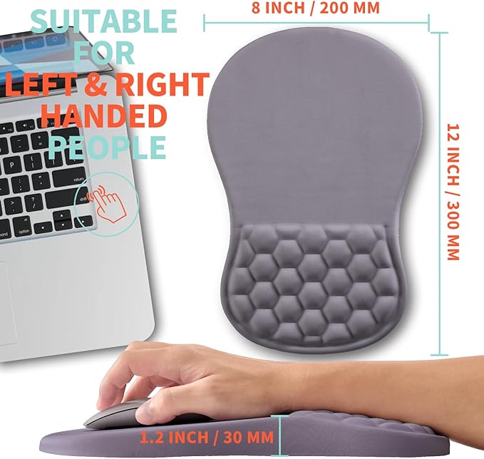 Ergonomic Mouse Pad Wrist Support with Memory Foam Massage Bulge, Carpal Tunnel Mousepad Wrist Rest for Mouse(12x8 inch, Silver Gray Light Purple)