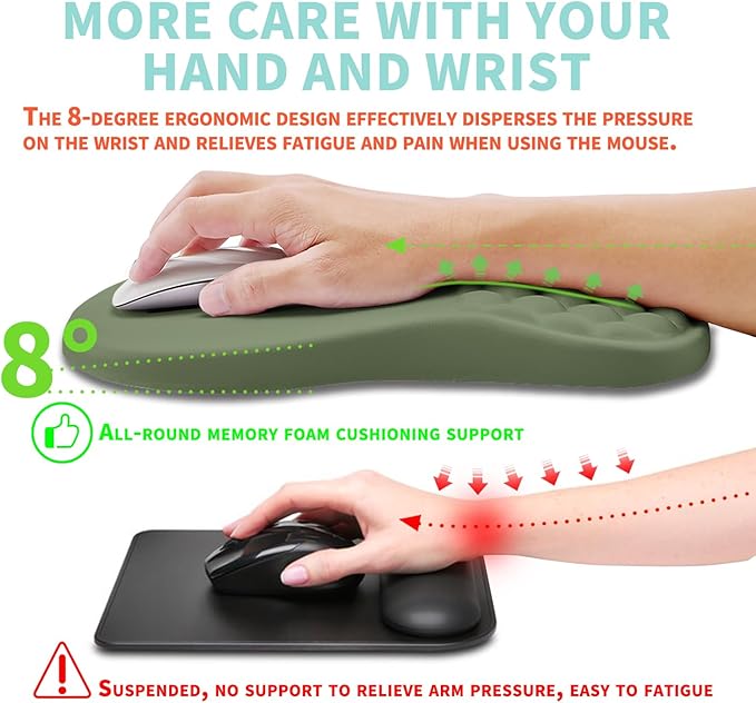 Ergonomic Mouse Pad Wrist Support with Memory Foam Massage Bulge, Carpal Tunnel Mousepad Wrist Rest for Mouse(12x8 inch,Olive Green)