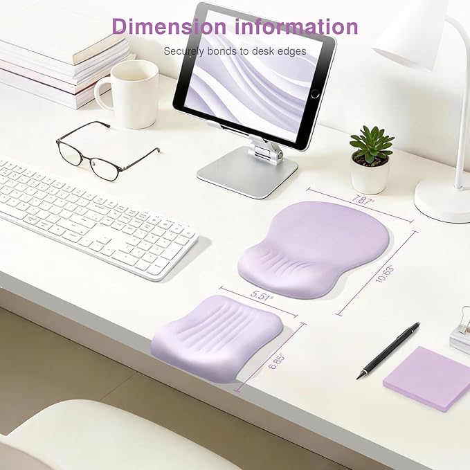 Ospelelf Mouse Pad with Wrist Rest Set Foam L-Shaped Desk Elbow Pad Ergonomic Desk Edge Cushion Anti-Slip Rubber Bottom Office Women Desk Accessories for Computer, Laptop and Gaming, Purple