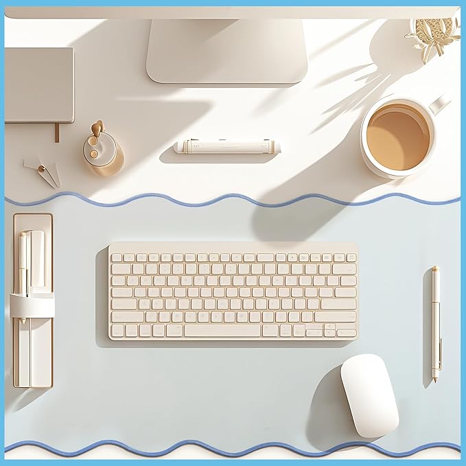 Scalloped Desk Mat Large Scalloped Piping Cute Desk Mat Aesthetic Preppy Table Pad Large Nonslip Pad with Edge Stitching Waterproof Gaming(Blue,36 x 17 Inches)