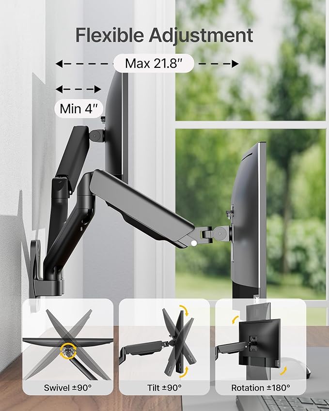 monTEK Dual Monitor Wall Mount for 17 to 32 inch Flat/Curved Screens, Each Holds to 19.8 lbs, Full Motion Adjustable Mechanical Spring Monitor Arm, 75x75/100x100 VESA Wall Mount, Black