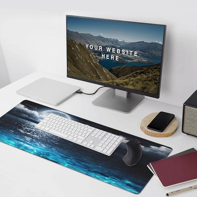 Gaming Mouse Pad,Large Mouse Pads for Desk,Non-Slip Rubber Base Extended Mousepad,XXL Keyboard Mouse Mat,Computer Keyboard Desk Pad with Stitched Edges,35.4x15.8inch,Full Moon On Sea Night