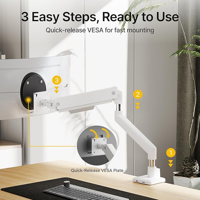 monTEK Single Monitor Arm with USB for Max 45 Inch Ultrawide Screens Adjustable Monitor Desk Mount Holds 35 Lbs Cable Management with C Clamp/Grommet Desk Mount, VESA 75/100mm
