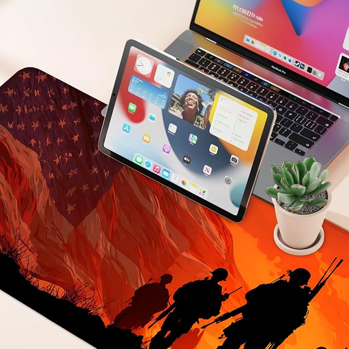 Desk Mat, XXL Extended Gaming Pad for Desktop, 35x16 Inches Patriotic Soldier Silhouette with Flag, Large Non-Slip Vegan Leather Surface Keyboard Mouse Mat for Home Office