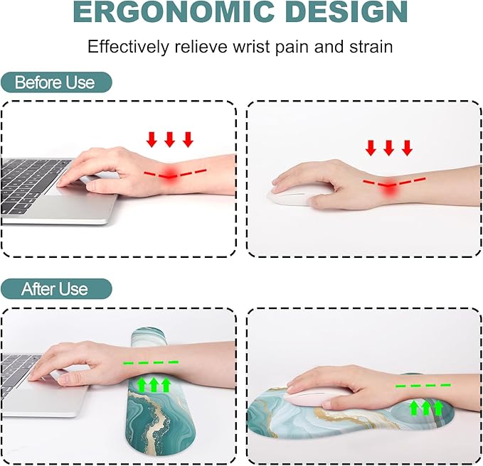 Ergonomic Mouse Pad with Wrist Rest and Keyboard Wrist Rest, Gel Mousepad and Wrist Rest for Computer Keyboard, Non-Slip PU Base, Mouse Pad Wrist Support for Gaming, Blue Green Marble