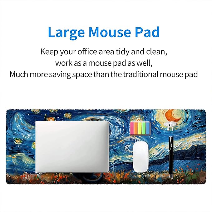 Starry Sky Black Cat Gaming Mouse Pad Starry Night Cute Cartoon Extended Gaming Mouse Pad Mat with Stitched Edge Non-Slip Base Big Mouse Pad 31.5"x11.8" Office Computer Keyboard Laptop Home