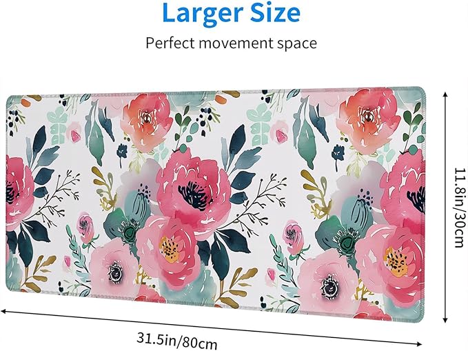 Pink Floral Gaming Mouse Pad Watercolor Flower Plant Large Gaming Mouse Mat with Stitched Edges,Non-Slip Waterproof Rubber Base Mous Mat 31.5"x11.8" Office Computer Keyboard Laptop Home