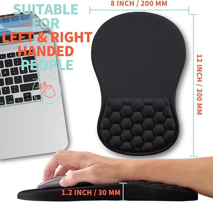 Ergonomic Mouse Pad Wrist Support with Memory Foam Massage Bulge, Carpal Tunnel Mousepad Wrist Rest for Mouse(12x8 inch, Black)
