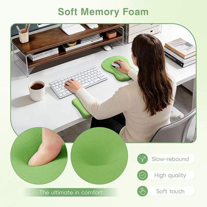 Ospelelf Mouse Pad with Wrist Rest Set Foam L-Shaped Desk Elbow Pad Ergonomic Desk Edge Cushion Anti-Slip Rubber Bottom Office Women Desk Accessories for Computer, Laptop and Gaming, Dark Green