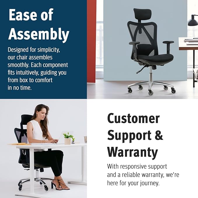 Duramont Ergonomic Office Chair with Rollerblade Wheels - High Back Breathable Mesh Desk Chair, 4D Lumbar Support, Memory Foam Seat, Adjustable Headrest and Armrests, Reclines, Black