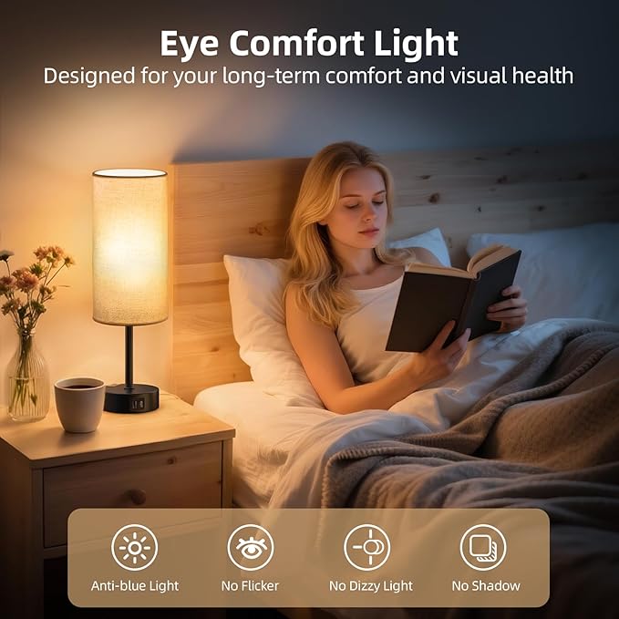 Table Lamp for Nightstand, High-Sensitivity Touch, 3-Level Dimmable Bedside Lamp with AC Outlet | USB | and USB-C, Ideal Night Stand Lamp for Bedroom, Reading, Living Room (Beige&Black)