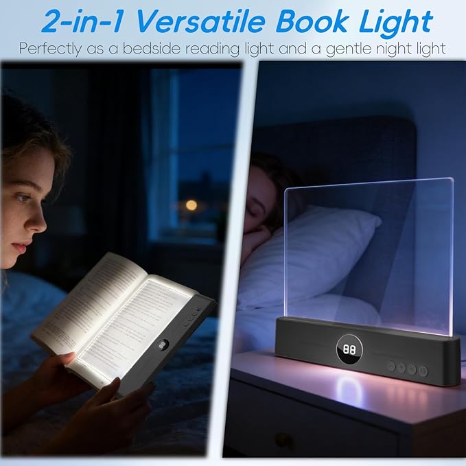 LED Book Light and Night Light 2 in 1, USB Rechargeable Clear Flat Book Light with 3 Colors & Timer, Dimmable Book Lights for Reading at Night, Scratch-Resistant, Eye-Care (Black)