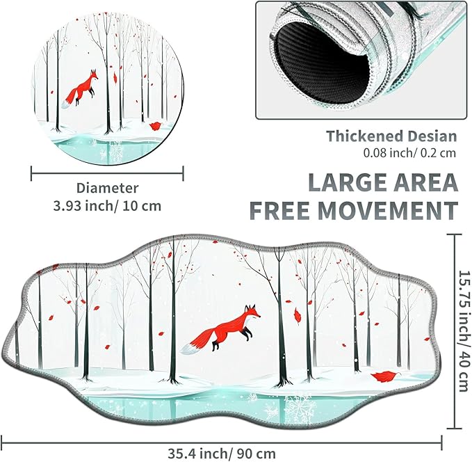Winter Forest Fox Large Gaming Mouse Pad Plus a Coaster, 35.4 x 15.7 inches Desk Mat Extended XXL Mousepad with Stitched Edge Non-Slip Rubber, Desk Pad Computer Mouse Mat for Home Office