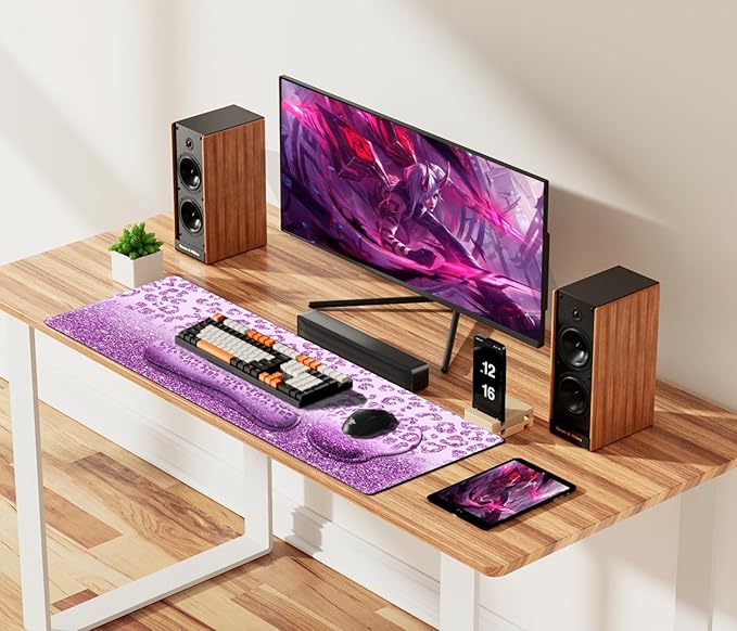 iLeadon Mouse Pad Set, Desk Mat + Mouse Pad with Wrist Rest + Keyboard Wrist Rest + Coaster, 4in1 Large Gaming Mouse Pad Glitter Leopard Mouse and Keyboard Pad Set for Home Office, Purple