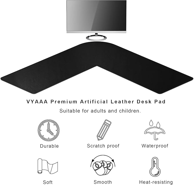 Vyaaa L Shaped Desk Pad 43 inch PU Leather Mouse Pad for Gaming,Working,Writing,Computer,Laptop,Table,Office and Home Non-Slip Corner Desk Mat- Black