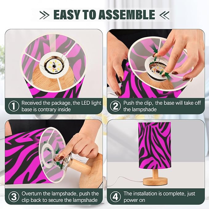 Pink Zebra LED Table Lamp, Bedside Lamp with Linen Lampshade, Flicker-Free Eye Care USB Plug in Nightstand Lamp, for Bedroom and Office
