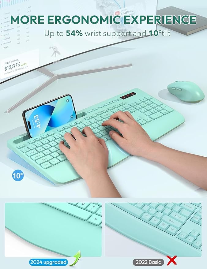 SABLUTE Wireless Keyboard and Mouse, Wrist Rest, Phone Holder, 2.4G Lag-Free Ergonomic Keyboards Mouse Combo, KM23D Silent Keyboards Set for PC, Laptop, Windows, Mint Green