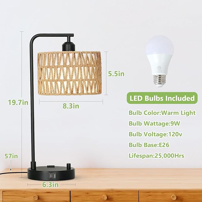 Dimmable Rattan Lamp Set of 2 with Bulbs, Boho Table Lamps with USB Charging Ports and Outlet, Wicker Bedside Lamps for Bedroom Living Room Side Table, Tall Desk Lamp for Bohemian Home Office