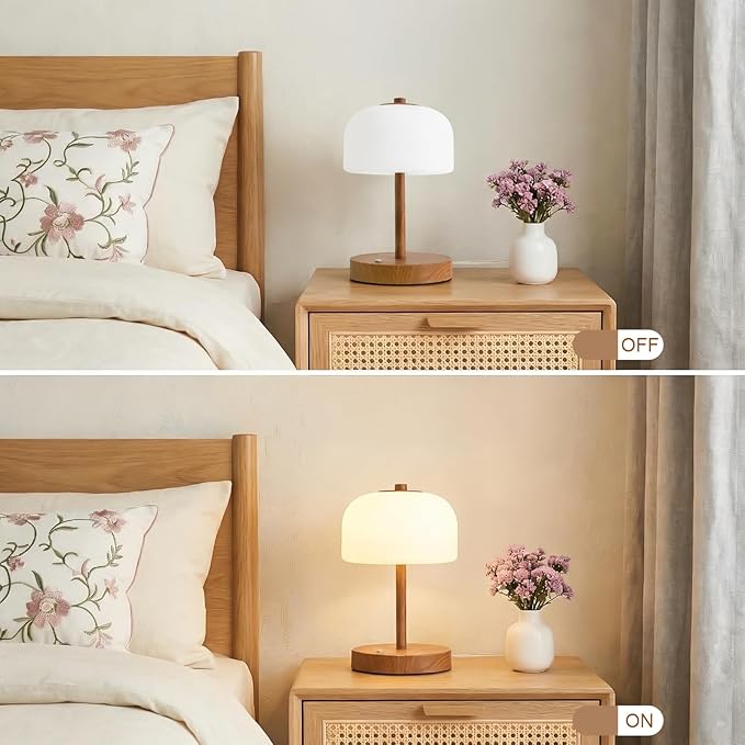 Oneach 9" Touch Control Table Lamp Set of 2, Wood Grain Dimmable LED Bedside Lamp with 3 Color Temperatures, USB A+C, Small Modern Table Lamps for Bedroom Nightstand Living Room
